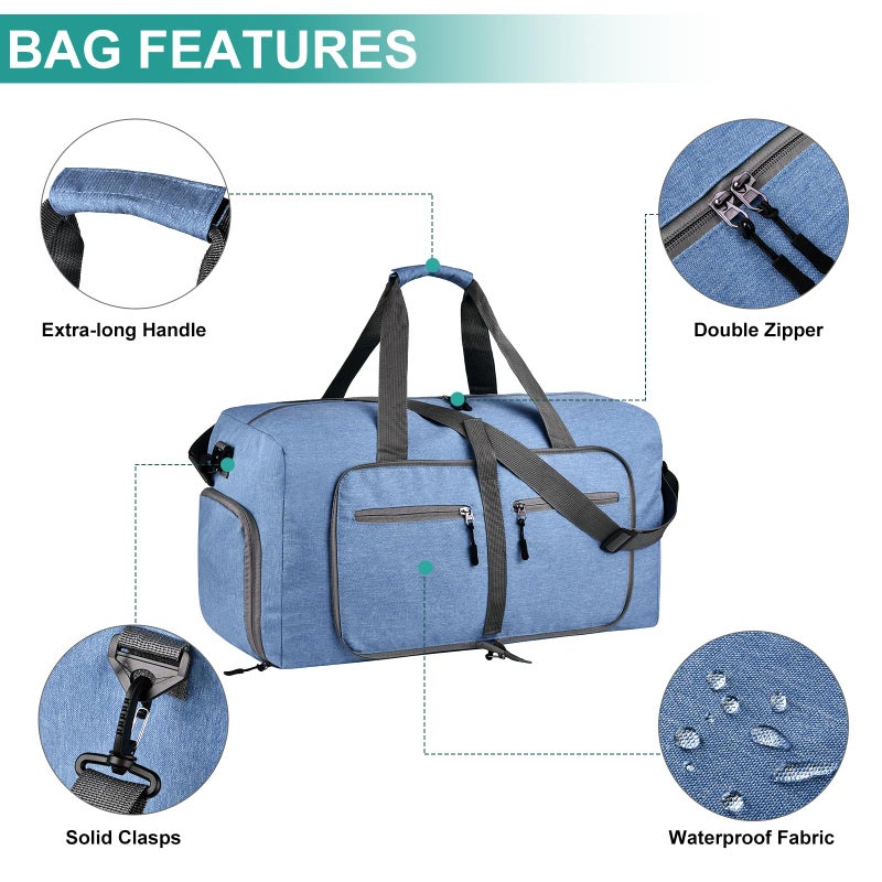 Dimayar 65L Travel Duffle Bag for Men Women - Foldable Duffel Bag with Shoes Compartment - Overnight Bags Waterproof & Tear Resistant(Blue) - Image 3